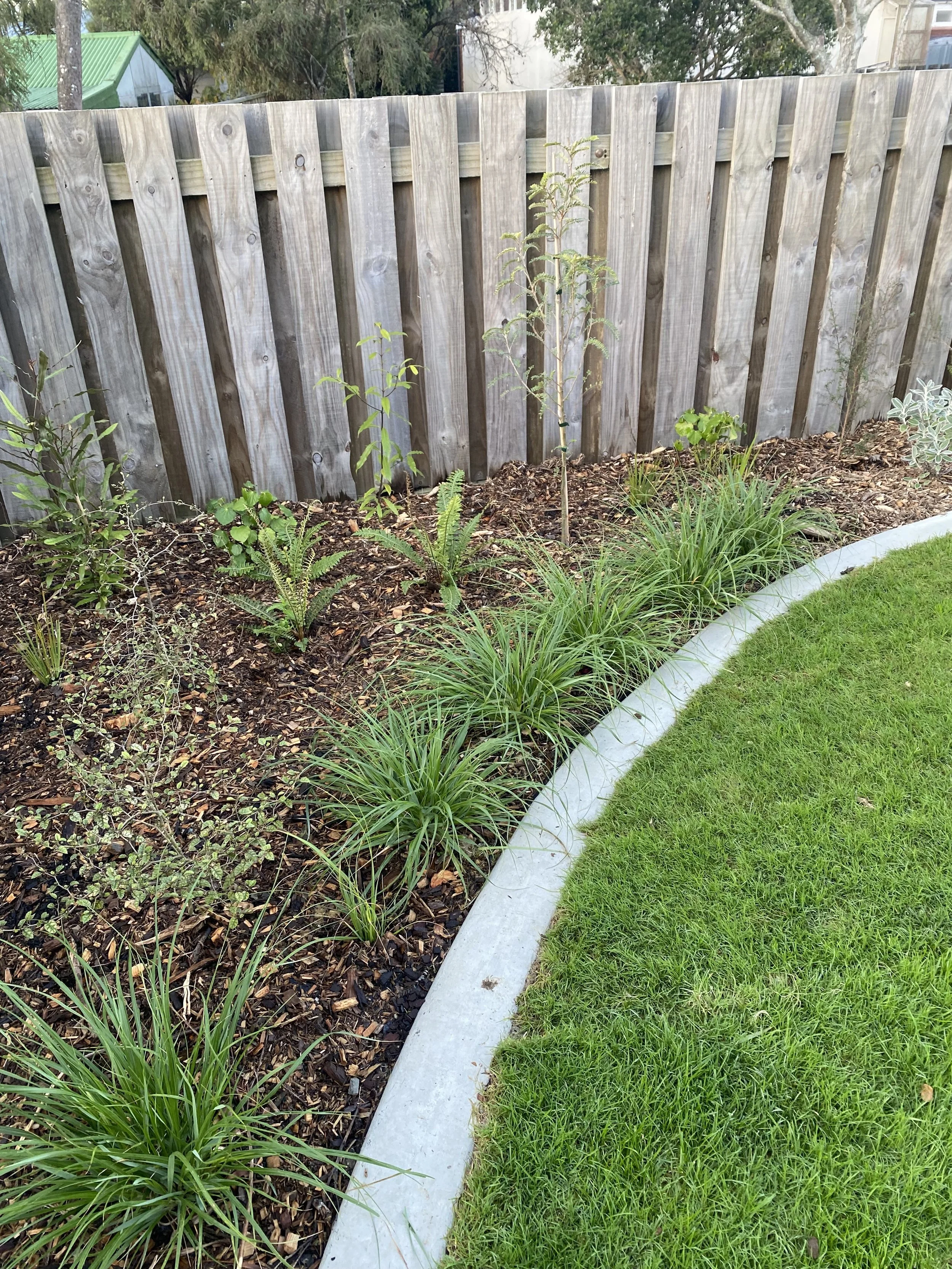 landscape After: modern backyard with raised planters and gravel path