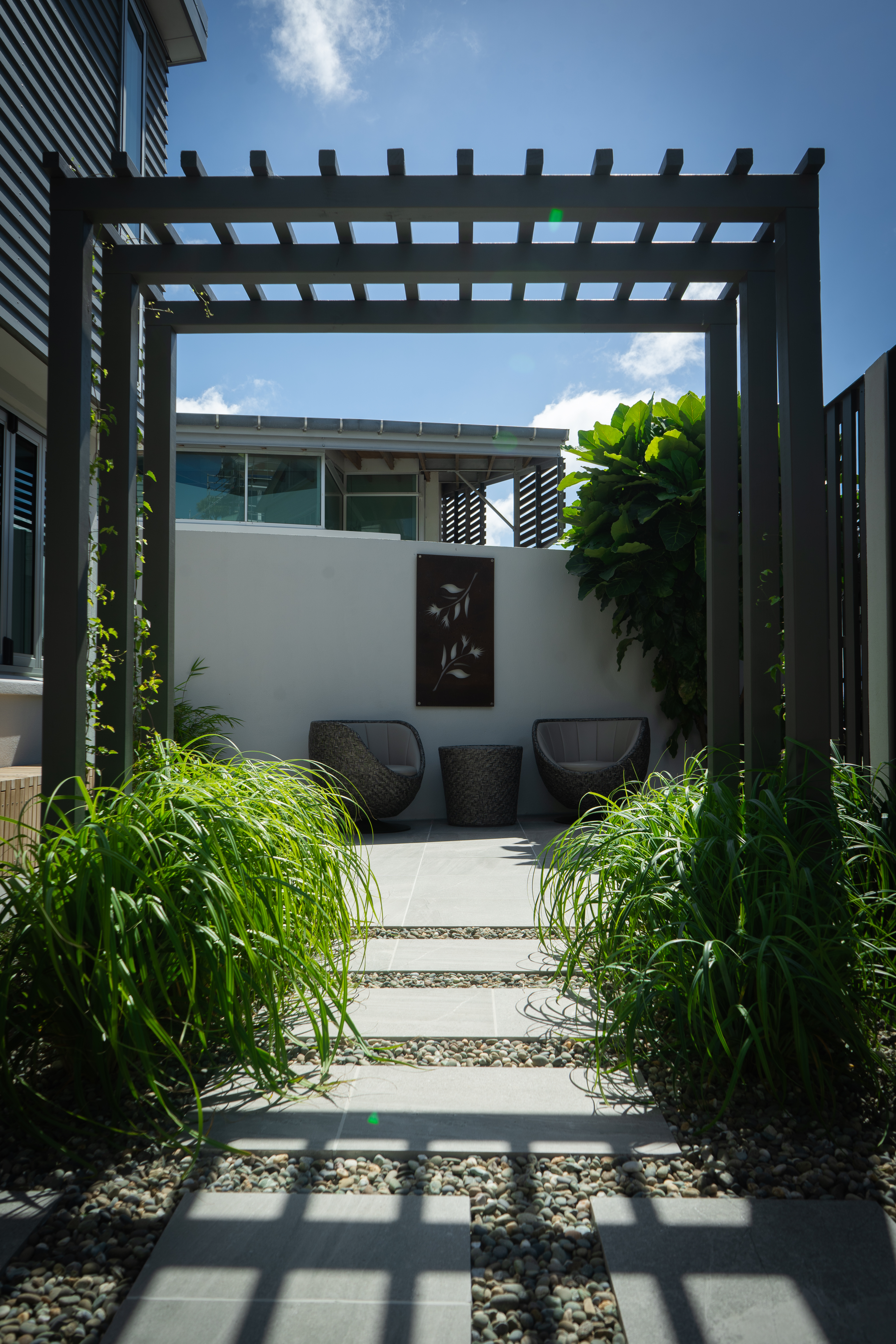 Overhead view of the integrated garden beds.