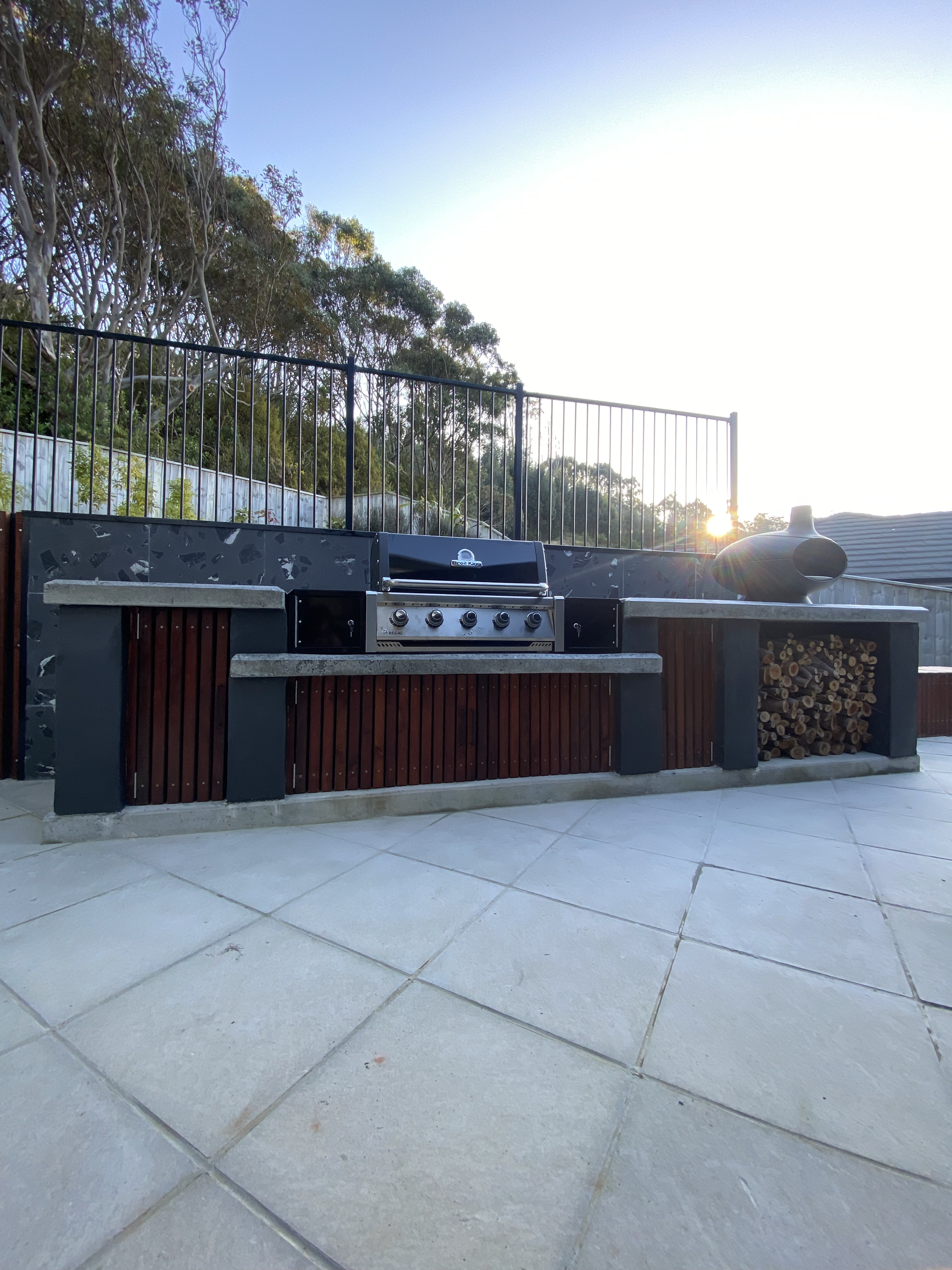 Modern garden with raised wooden planters