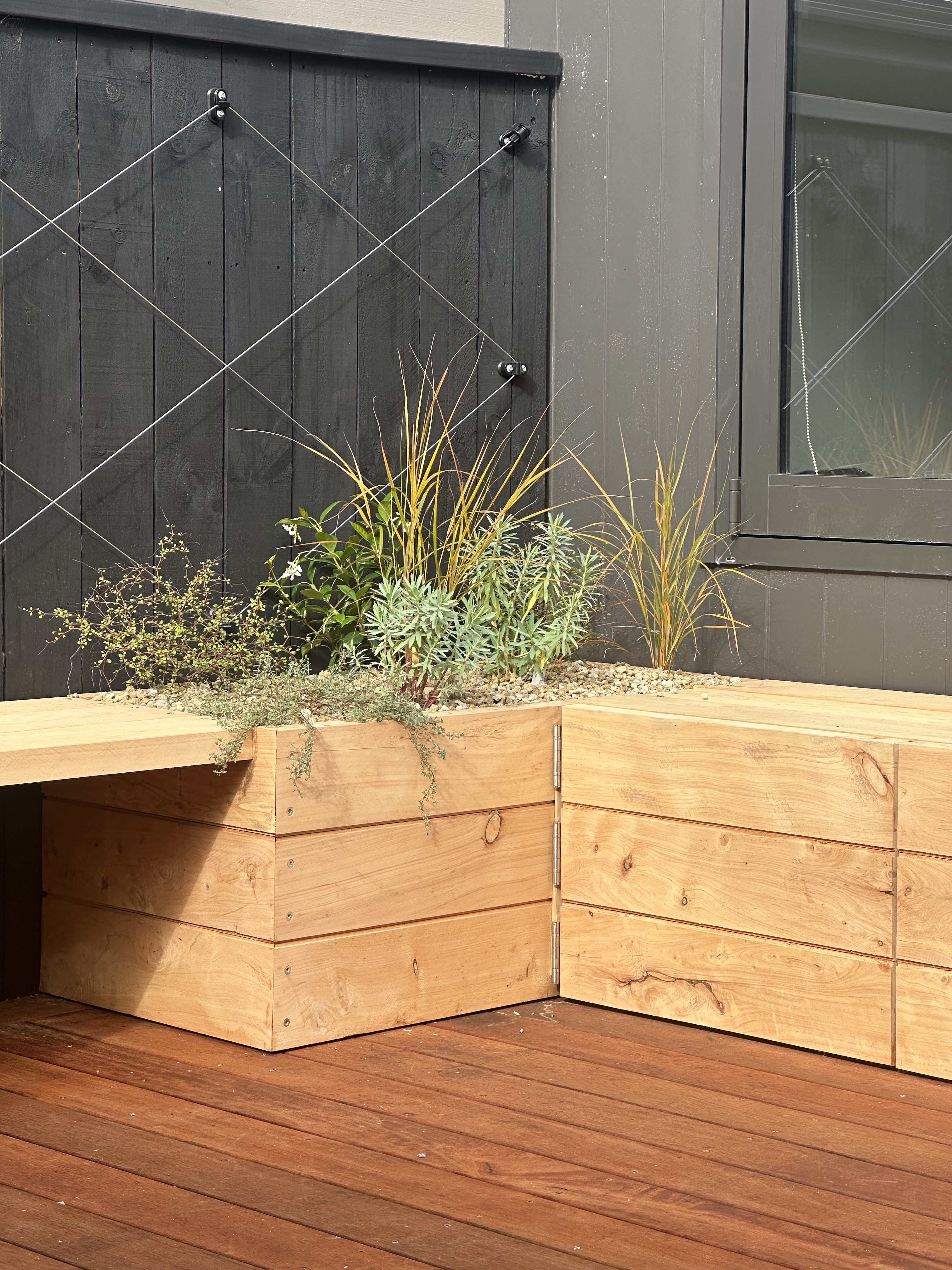 Wide shot of the custom wooden bench