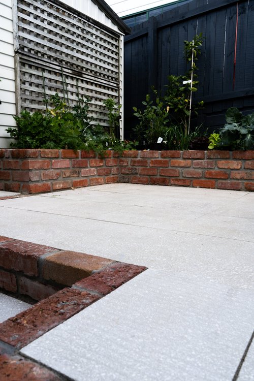 Tall view of a small, lush garden corner